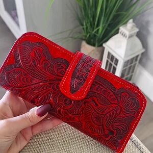 NWOT Western Handtooled Red & Black Floral Long Wallet